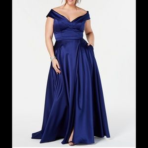 Xscape off the shoulder blue satin evening gown.